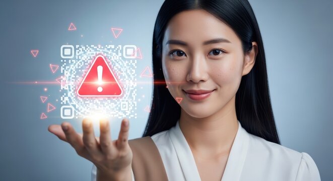 Young asian woman holding a glowing digital qr code with a warning sign