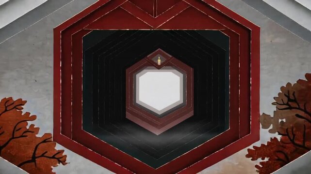 Shifting frames moving camera through nested hexagon portal at fall garden, revealing inner tunnel
