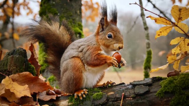 Nibbling red squirrel holding acorn on moss-covered log in autumn woodland, chewing to eat