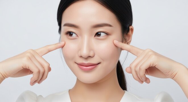 Young asian woman pointing to her cheeks isolated on white background