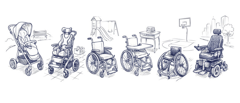 Wheelchair sketch mobility aid collection showing the evolution of accessible equipment from baby stroller to pediatric manual sports and motorized power chairs. Inclusive design healthcare illustrati