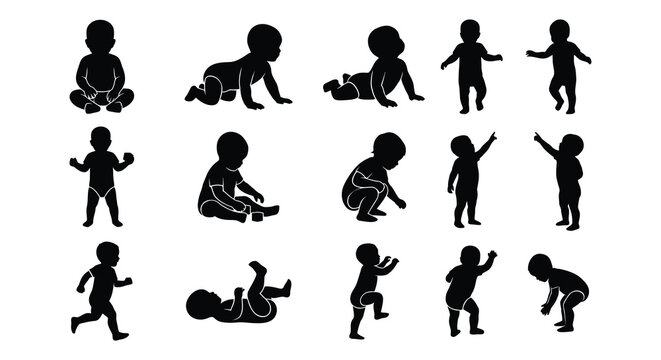 Collection Of Baby Silhouettes In Various Poses Against A White Background Black Silhouette babies infant infants toddler toddlers