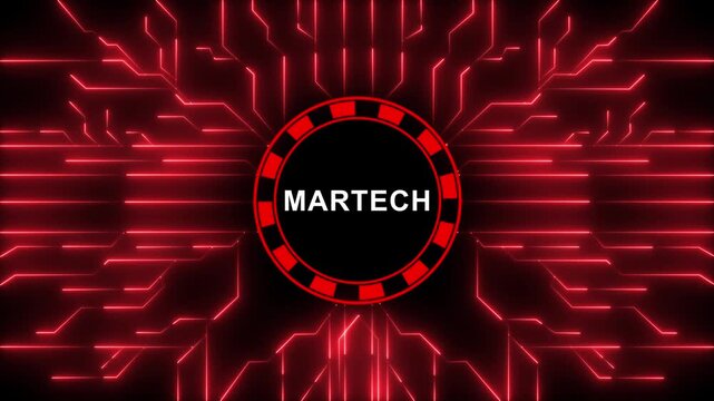 Dynamic martech concept motion featuring glowing red digital circuitry patterns and futuristic data network lines for corporate marketing, technology presentations, and advanced business intelligence