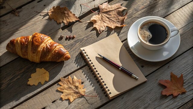 International Coffee Day with  Autumn themed coffee break setup with croissant and notebook on wooden table