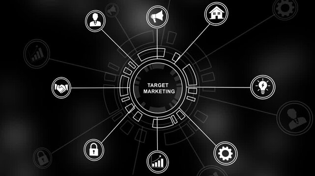 Dynamic target marketing digital interface featuring animated business strategic growth analytics, corporate communication symbols, and futuristic hud technology for presentations