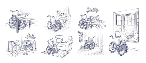Obraz premium Wheelchair accessible home interior sketch set showing room adaptations for independent disabled living, featuring line art drawings of kitchen, bathroom, living room, and bedroom mobility solutions.