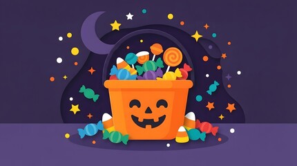 Naklejka premium Overflowing halloween candy bucket with festive decorations