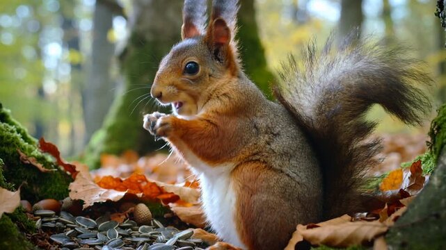 Holding seed, nibbling red squirrel lifting it to mouth on mossy root forest floor, eating acorns