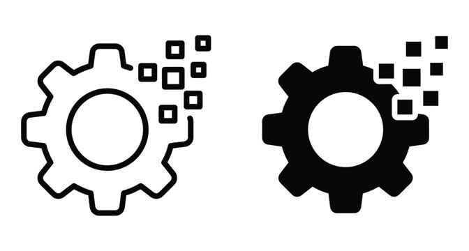 Digital gear icon set representing automation technology data processing software development system integration mechanical engineering transformation innovation and technical progress