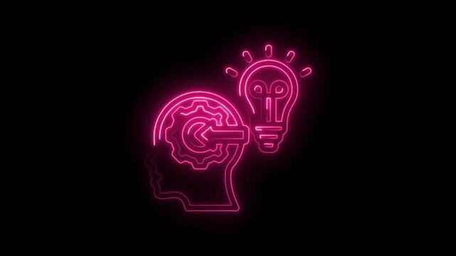 Neon pink glowing human head profile with internal gears and arrow pointing to a bright icon