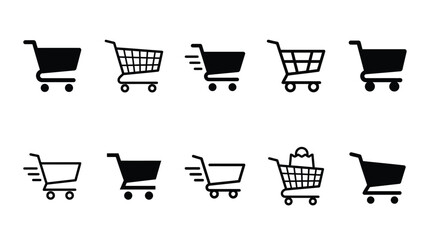 Ten black shopping cart icons arranged in two rows for e-commerce website design and interface © Saad