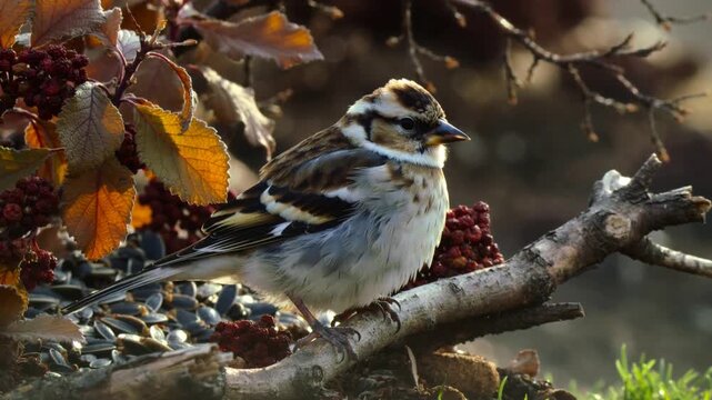 Shifting songbird spotting seeds below, adjusting posture on branch at backyard feeder with berries