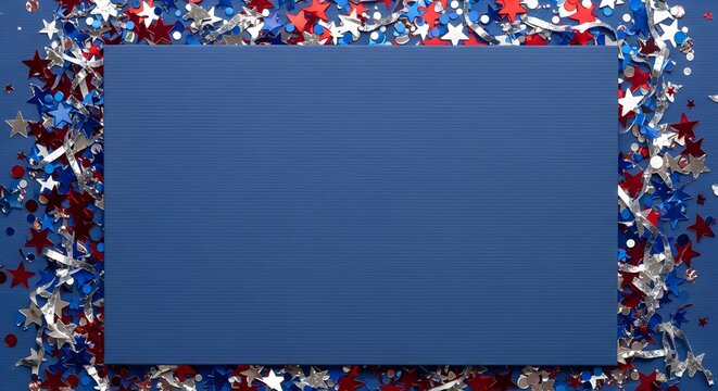 Patriotic American flag colors confetti border on blue background.