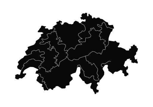 Switzerland map with canton boundaries, black silhouette vector illustration for geography, cartography, travel, education and administrative infographic design.