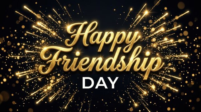 Happy Friendship Day gold text. Festive greeting card design with glowing light particles.