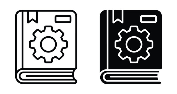 Technical manual book icon set with gear symbol representing instruction guide documentation settings configuration process knowledge base and engineering tutorial