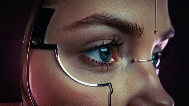 Reacting woman with chrome frame and bridge ring opening right eye, tracking box light in studio