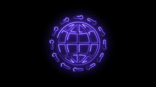 Glowing neon virus icon encircling a stylized globe symbolizing global pandemic spread and health