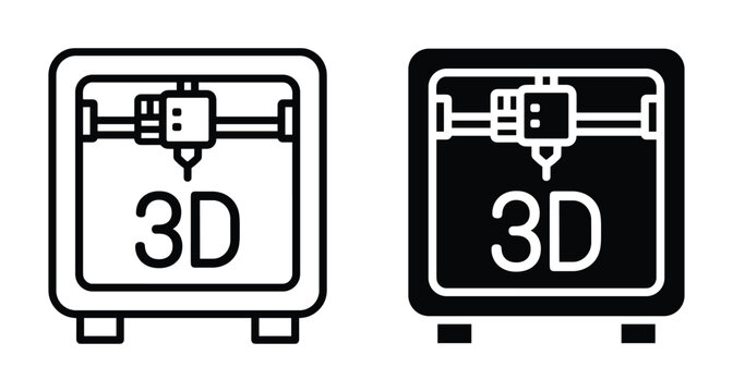 3D printer icon set featuring outline and solid glyph styles for additive manufacturing rapid prototyping industrial design and engineering projects