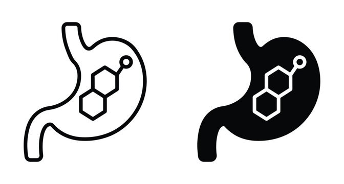 Human stomach icon set with chemical molecule structure representing digestion metabolism gastric acid enzyme hormone medical science biology health symbol