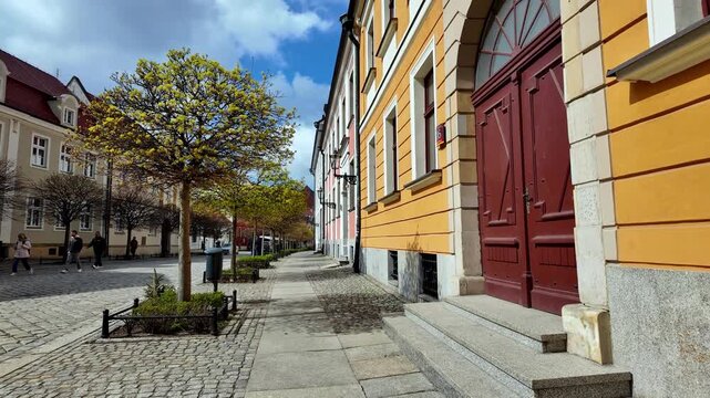 Street in Ostrow Tumski, Wroclaw, with cobblestone pavement, a row of pruned trees with fresh spring leaves, historic tenement houses with yellow facades, massive burgundy doors and sunny daylight ill