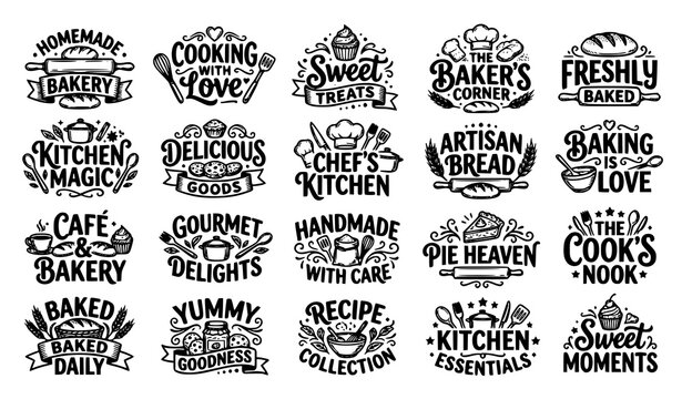 Cooking food lettering badge vector set with baking typography kitchen logos and vintage culinary label designs