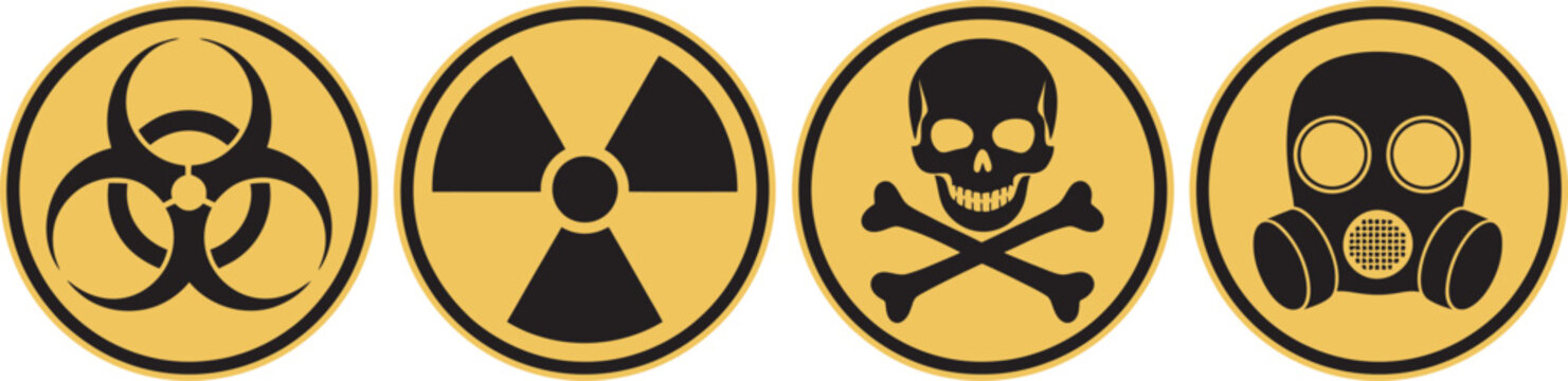 Set hazard danger yellow vector signs featuring radiation sign, biohazard sign, toxic warning symbol, and gas mask icon for workplace safety, hazardous materials, industrial facilities, laboratories, 