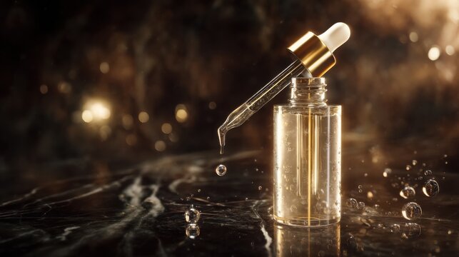 Luxury facial serum in an elegant frosted glass bottle with golden dropper, crystal serum drop suspended in mid air, transparent liquid with delicate