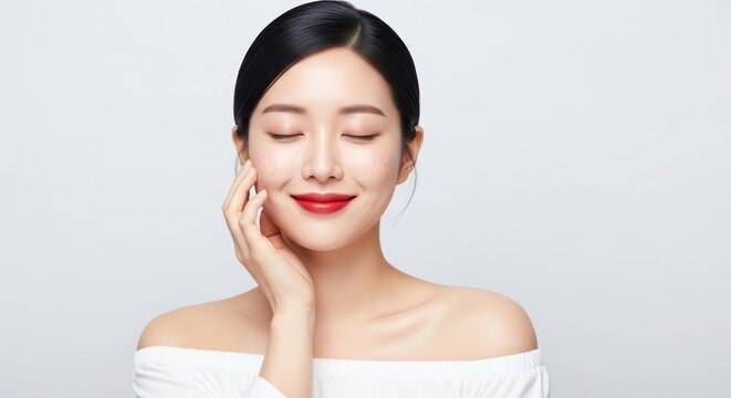 Portrait of a beautiful young asian woman with glowing skin isolated on white background