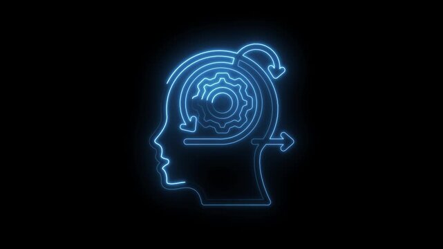 Neon blue human head profile with internal gear mechanism and circular arrow flow icon