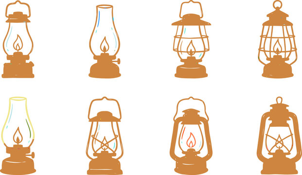 Vintage Kerosene Oil Lantern Collection Vector Illustration for Camping Equipment Catalogs, Historical Education Projects & Outdoor Adventure Branding (EPS)