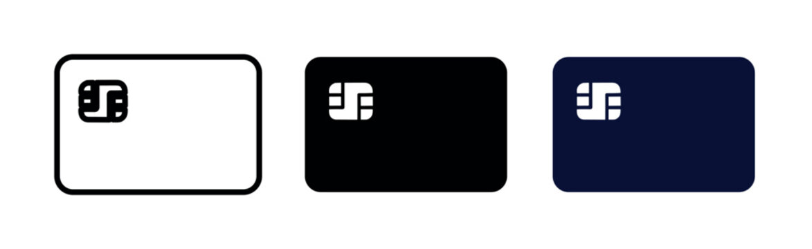 Three credit card icons with EMV chip, one outlined, one solid black, and one solid dark blue, presented on a clean white background