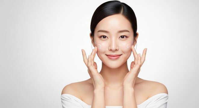 Young asian woman applying skincare cream on her cheeks isolated on white background