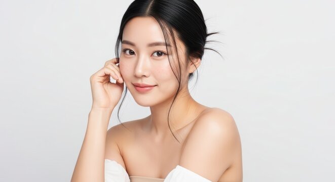 Portrait of a beautiful young asian woman with glowing skin isolated on white background