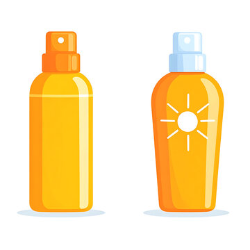 Two orange spray bottles of sunscreen with sun icon, summer protection, beach essentials