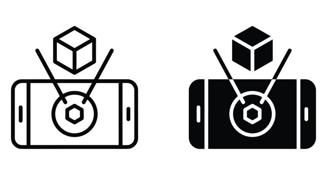 Augmented reality mobile phone icon set showing 3D cube projection from smartphone screen for digital technology and virtual visualization applications
