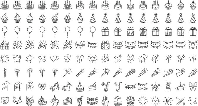Massive bundle of minimalist birthday line icons celebration cakes party hats balloons gift boxes banners and cute animal doodles set