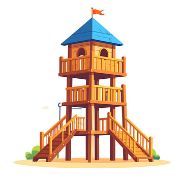 Pixel art wooden playground observation tower with blue roof and stairs, cartoon style
