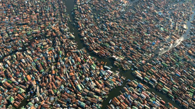 Dense aerial view of a sprawling urban settlement built over water with narrow canals
