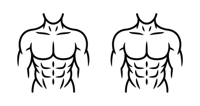 Male muscular body vector icons, athletic torso outline featuring chest and abs for fitness training, sports, anatomy and wellness projects.