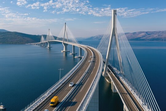 Modern cable-stayed bridge spans a wide blue bay, connecting land under a clear sky