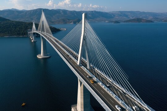 A modern cable-stayed bridge spans a wide body of water, connecting distant shores