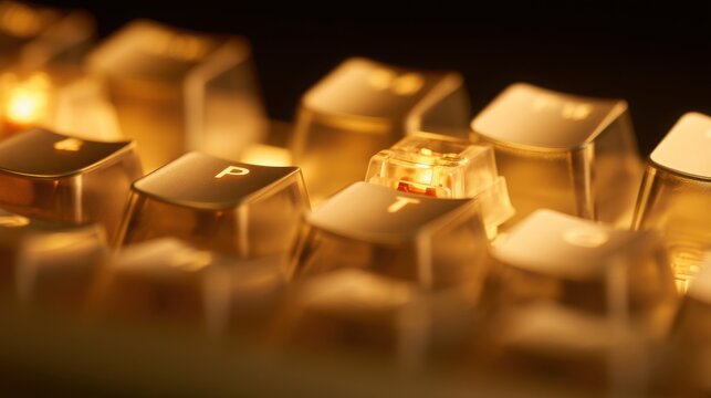 Luxury mechanical keyboard with premium aluminum body, translucent keycaps glowing with warm backlight, microscopic texture, elegant workspace