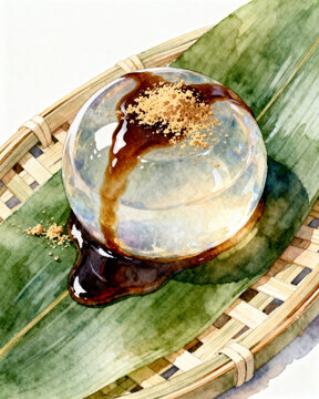 Japanese raindrop cake or mizu shingen mochi with kuromitsu syrup and kinako powder on a bamboo leaf, watercolor and colored pencil digital illustration.