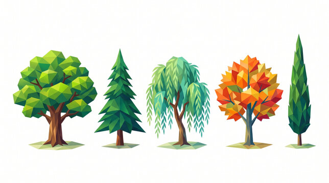 Low Poly Trees Featuring Oak Pine Willow Autumn Maple And Cypress Icon Illustrations