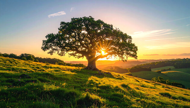 Solitary ancient oak tree bathed in golden sunset light