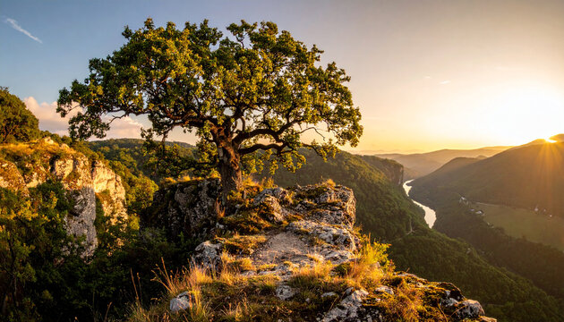 Ancient oak tree on scenic cliffside