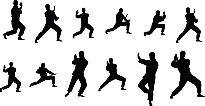 Martial arts fighter black silhouette set featuring various defense training positions isolated on a white background vector illustration