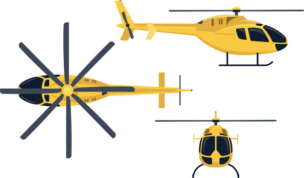 Yellow helicopter vector illustration set showcasing top view side view and front view angles isolated on white background