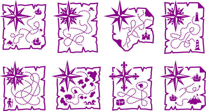 Vintage Pirate Treasure Map Illustration Set with Compass Rose Vector for Adventure Games, Educational Materials & Childrens Storybooks (EPS)